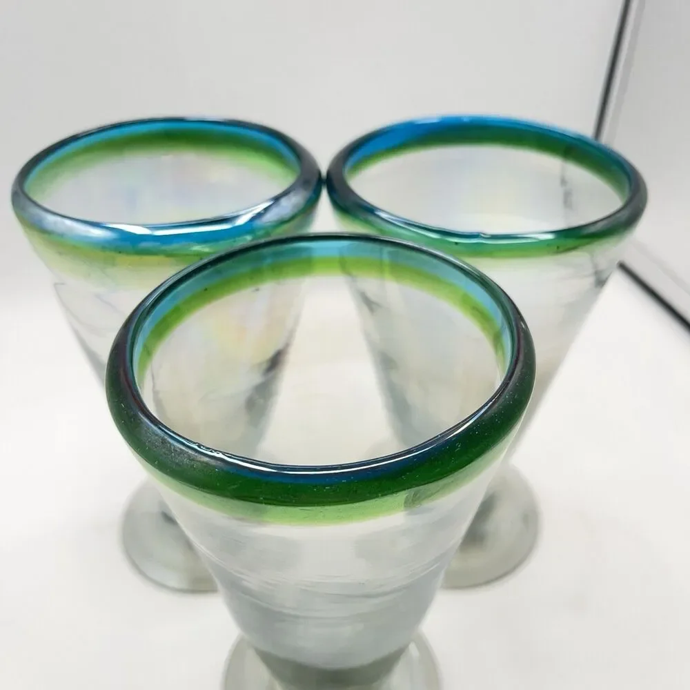Three Hand Blown Stemware V-Shaped Glasses All Iridescent Green & Blue Band